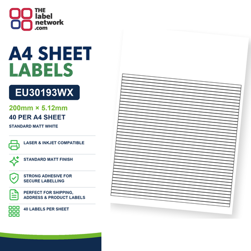 EU30193WX - 200mm x 5.12mm - 40 Labels per Sheet - Standard Matt White