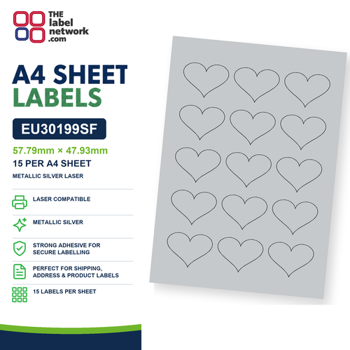 EU30199SF - 57.79mm x 47.93mm Heart - 15 Labels per Sheet - Metallic Silver Laser