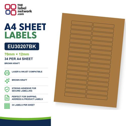 EU30207BK - 70mm x 12mm - 34 Labels per Sheet - Brown Kraft