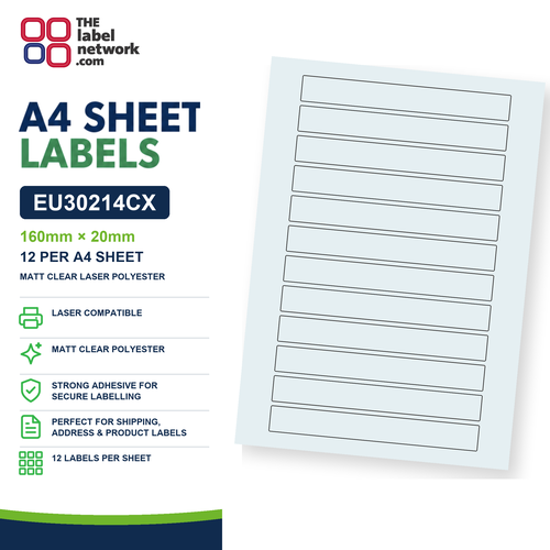 EU30214CX - 160mm x 20mm - 12 Labels per Sheet - Matt Clear Laser