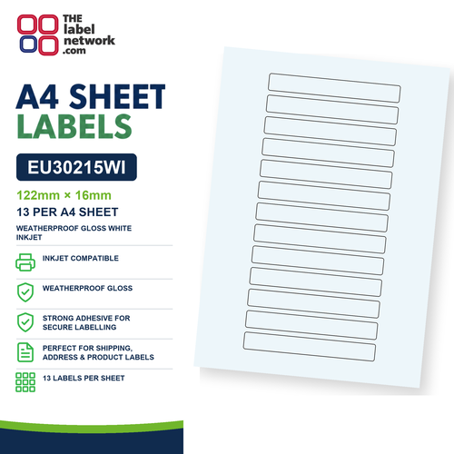 EU30215WI - 122mm x 16mm - 13 Labels per Sheet - Weatherproof Gloss White Inkjet