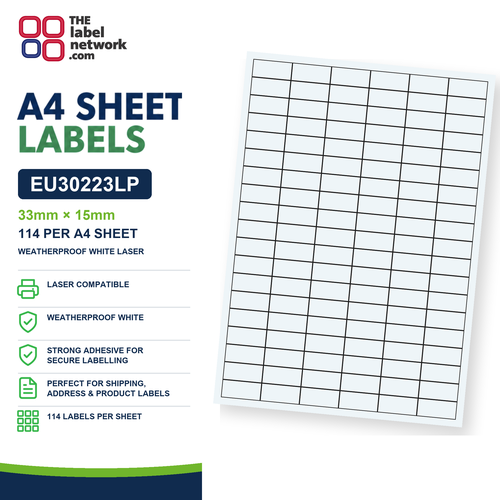 EU30223LP - 33mm x 15mm - 114 Labels per Sheet - Weatherproof White Laser