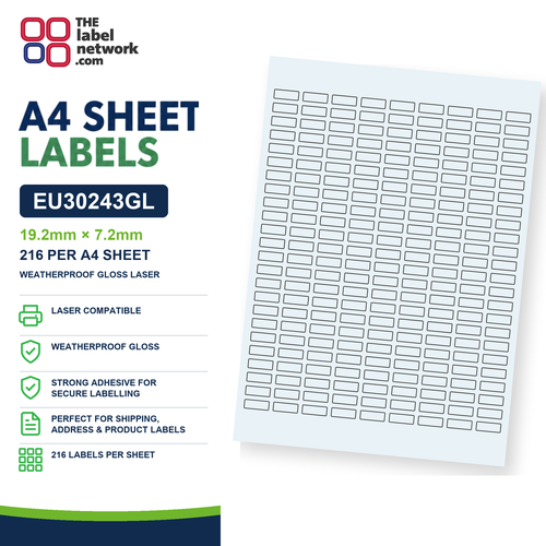 EU30243GL - 19.2mm x 7.2mm - 216 Labels per Sheet - Weatherproof Gloss Laser