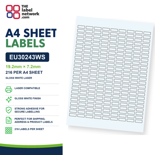 EU30243WS - 19.2mm x 7.2mm - 216 Labels per Sheet - Gloss White Laser