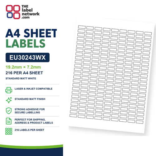 EU30243WX - 19.2mm x 7.2mm - 216 Labels per Sheet - Standard Matt White