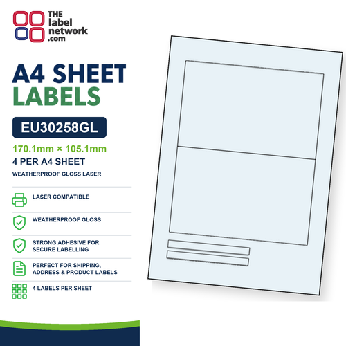 EU30258GL - 170.1mm x 105.1mm - 4 Labels per Sheet - Weatherproof Gloss Laser