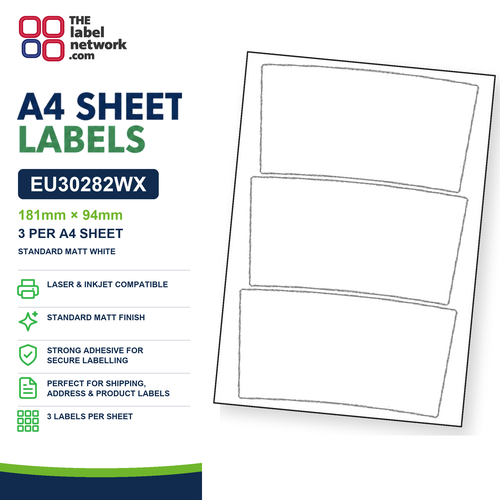 EU30282WX - 181mm x 94mm - 3 Labels per Sheet - Standard Matt White