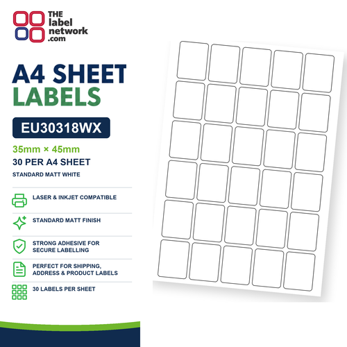 EU30318WX - 35mm x 45mm - 30 Labels per Sheet - Standard Matt White