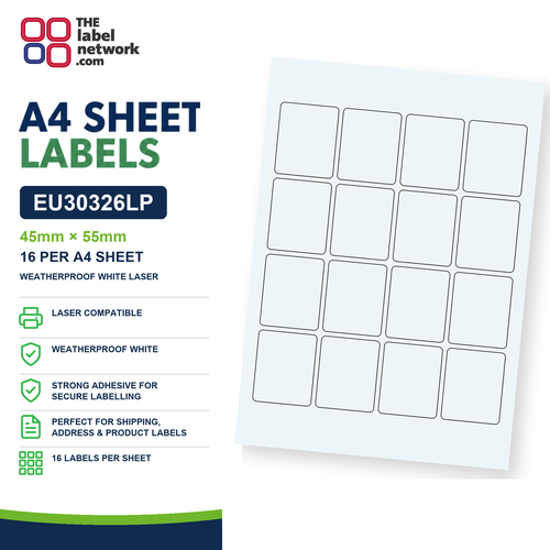 EU30326LP - 45mm x 55mm - 16 Labels per Sheet - Weatherproof White Laser