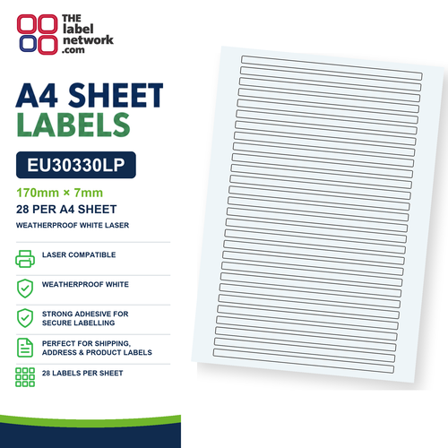EU30330LP - 170mm x 7mm - 28 Labels per Sheet - Weatherproof White Laser