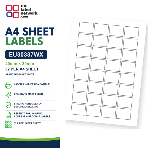 EU30337WX - 40mm x 30mm - 32 Labels per Sheet - Standard Matt White