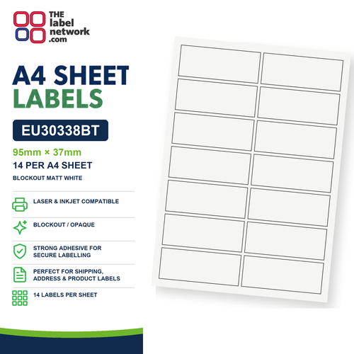 EU30338BT - 95mm x 37mm - 14 Labels per Sheet - Blockout Matt White