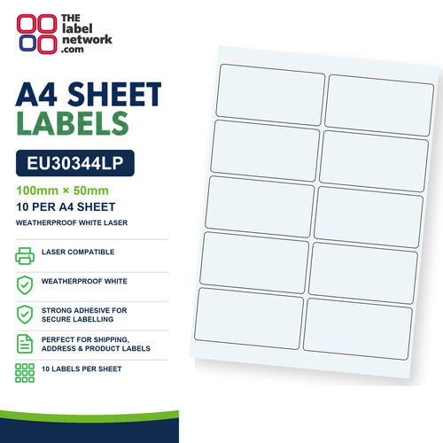 EU30344LP - 100mm x 50mm - 10 Labels per Sheet - Weatherproof White Laser