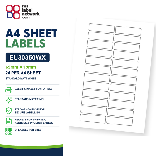 EU30350WX - 69mm x 19mm - 24 Labels per Sheet - Standard Matt White