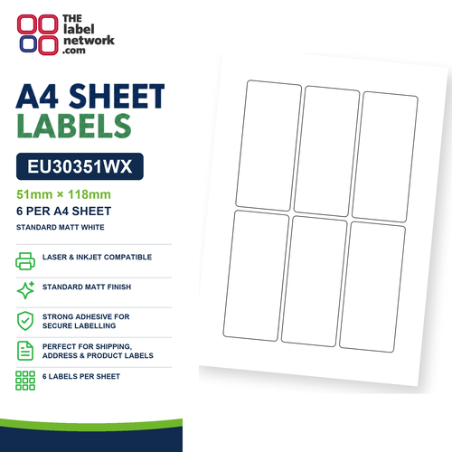 EU30351WX - 51mm x 118mm - 6 Labels per Sheet - Standard Matt White