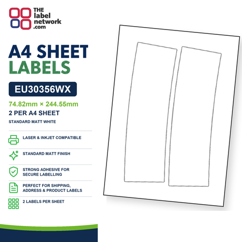 EU30356WX - 74.823mm x 244.552mm - 2 Labels per Sheet - Standard Matt White
