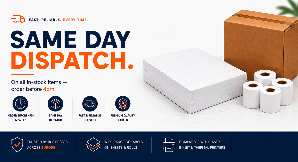Promotional graphic for same-day dispatch of labels, showing a stack of white label sheets, several rolls of white labels, and a brown cardboard box on a light background with large text reading 'SAME DAY DISPATCH.' and feature icons below.