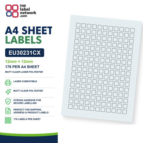 EU30231CX - 12mm x 12mm - 176 Labels per Sheet - Matt Clear Laser - The Label Network Ltd