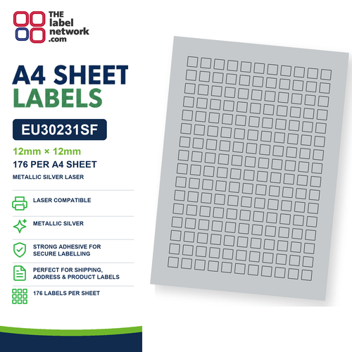 EU30231SF - 12mm x 12mm - 176 Labels per Sheet - Metallic Silver Laser - The Label Network Ltd